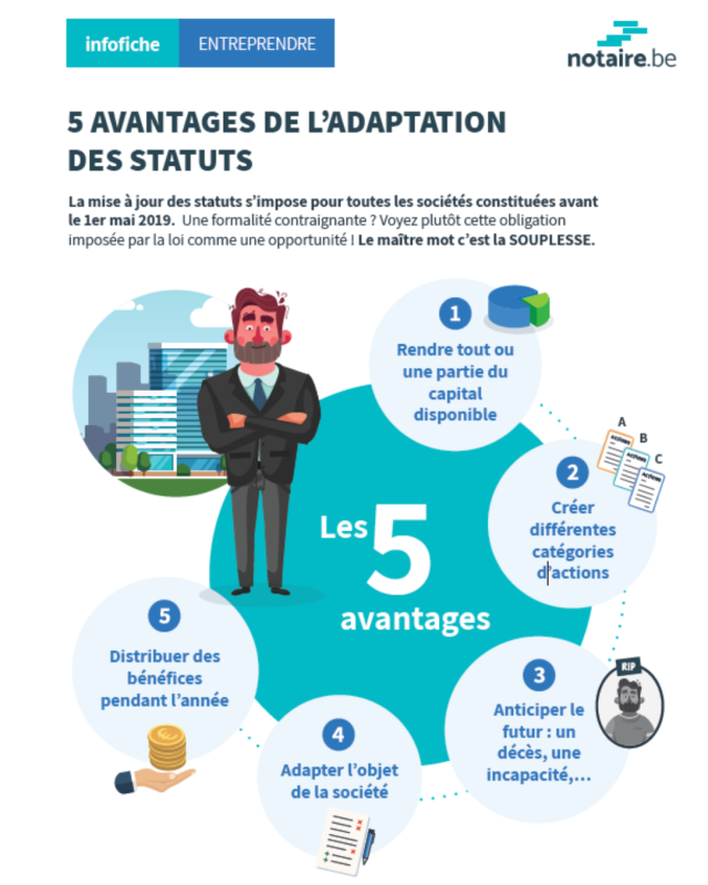 Infographie  infofiche reprenant 5 avantages de l'adaptation des statuts de société en Belgique.